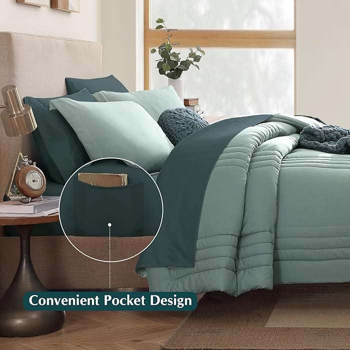 Monbix Queen Comforter Set - 7 Pieces Sage Green Bed in a Bag Queen Bedding Sets with Comforters, All Seasons Comforter Bed Set with Sheets,Pillowcases & Shams - Image 3