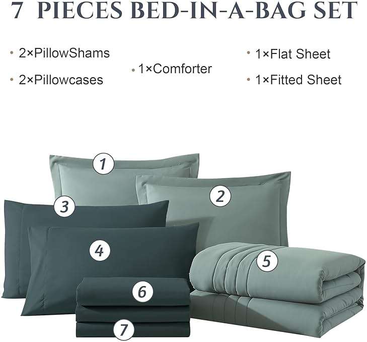Monbix Queen Comforter Set - 7 Pieces Sage Green Bed in a Bag Queen Bedding Sets with Comforters, All Seasons Comforter Bed Set with Sheets,Pillowcases & Shams - Image 6