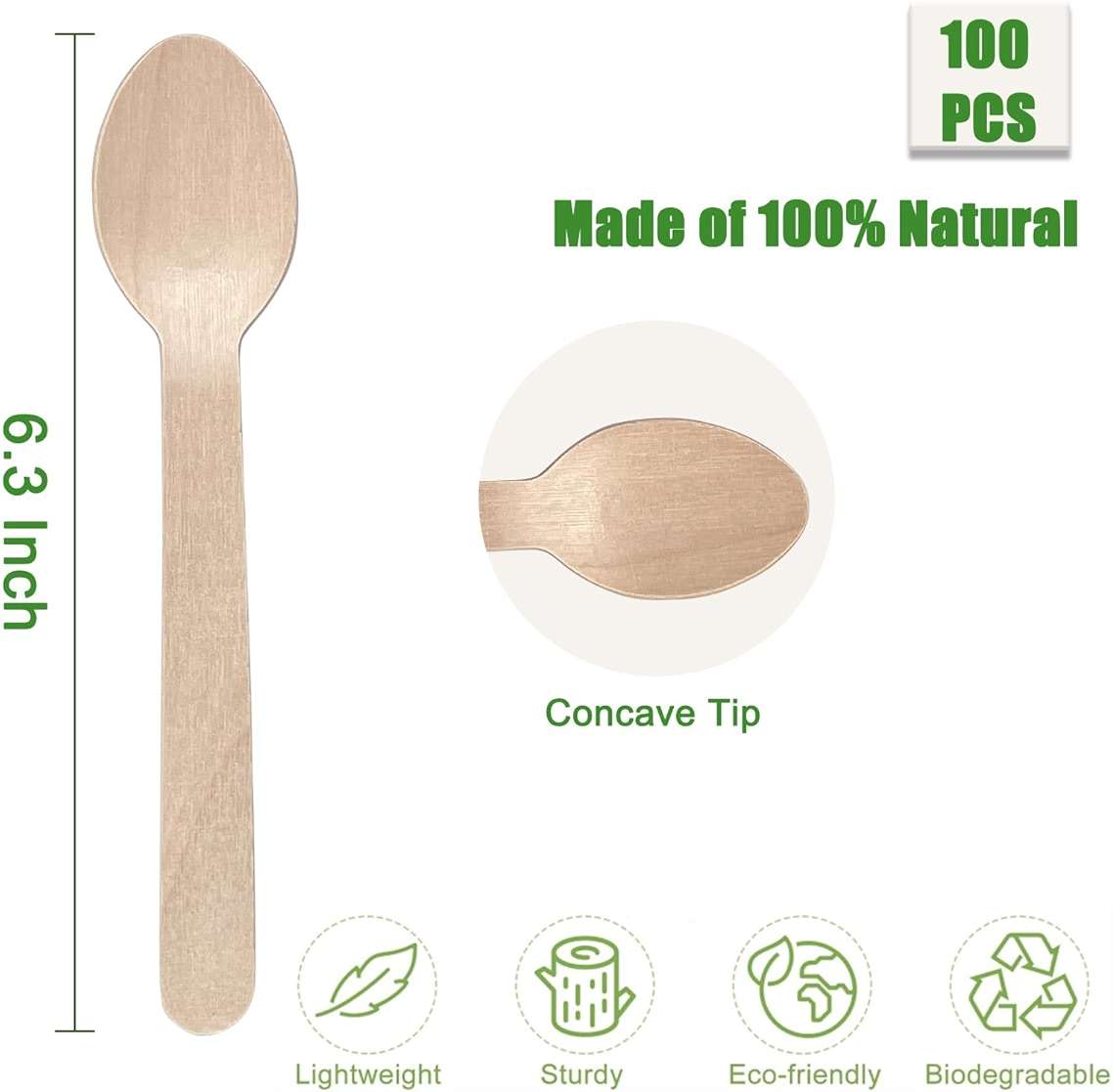100PCS Wooden Spoons Disposable - 6.3 Inch Natural Bamboo Spoons, Compostable and Biodegradable, Ideal for Eating, Crafts, Weddings, Picnics, BBQs, Birthdays and Outdoor Events - Image 3