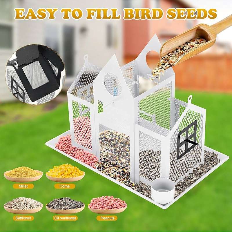 Solar Bird Feeders House for Outside Hanging, Metal Wild Bird Feeder for Outdoors Large Capacity Cardinal Birdfeeder Birdhouses Metal Bird Feeding Station White - Image 4