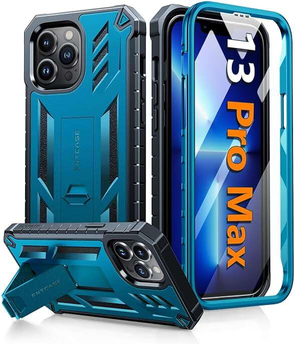 FNTCASE for iPhone 13 Pro Max Case: [Built-in Screen Protector & Kickstand] [Military Grade Drop Protection] Heavy Duty Full Protective Matte Textured Shockproof TPU Rugged Phone Cover - Blue - Image 1