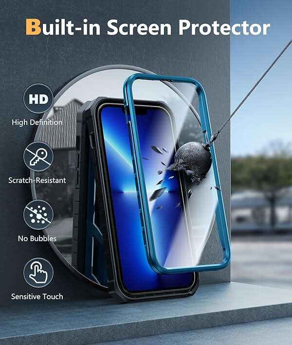 FNTCASE for iPhone 13 Pro Max Case: [Built-in Screen Protector & Kickstand] [Military Grade Drop Protection] Heavy Duty Full Protective Matte Textured Shockproof TPU Rugged Phone Cover - Blue - Image 4