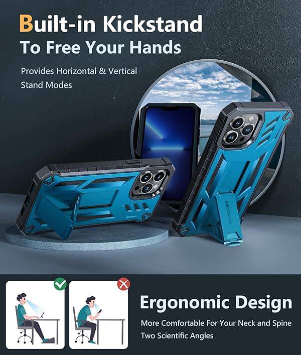 FNTCASE for iPhone 13 Pro Max Case: [Built-in Screen Protector & Kickstand] [Military Grade Drop Protection] Heavy Duty Full Protective Matte Textured Shockproof TPU Rugged Phone Cover - Blue - Image 5