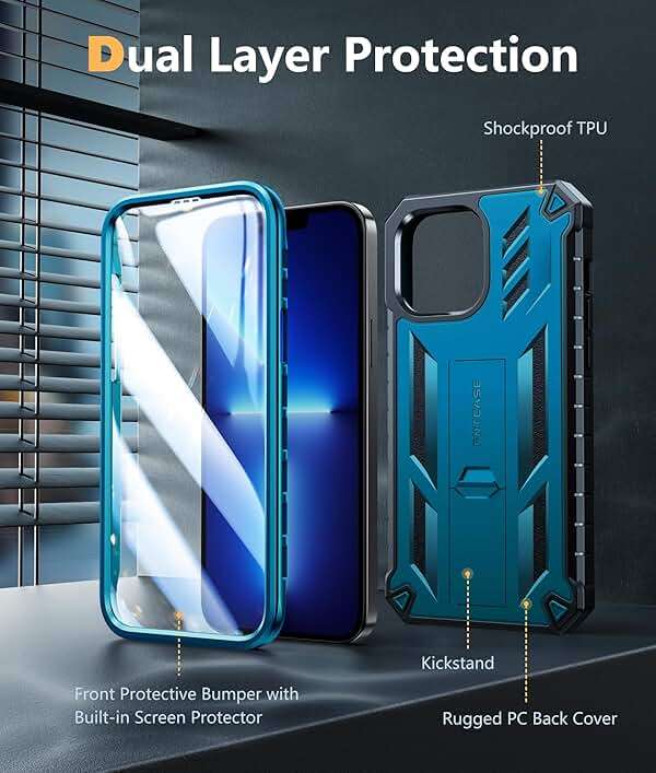 FNTCASE for iPhone 13 Pro Max Case: [Built-in Screen Protector & Kickstand] [Military Grade Drop Protection] Heavy Duty Full Protective Matte Textured Shockproof TPU Rugged Phone Cover - Blue - Image 6