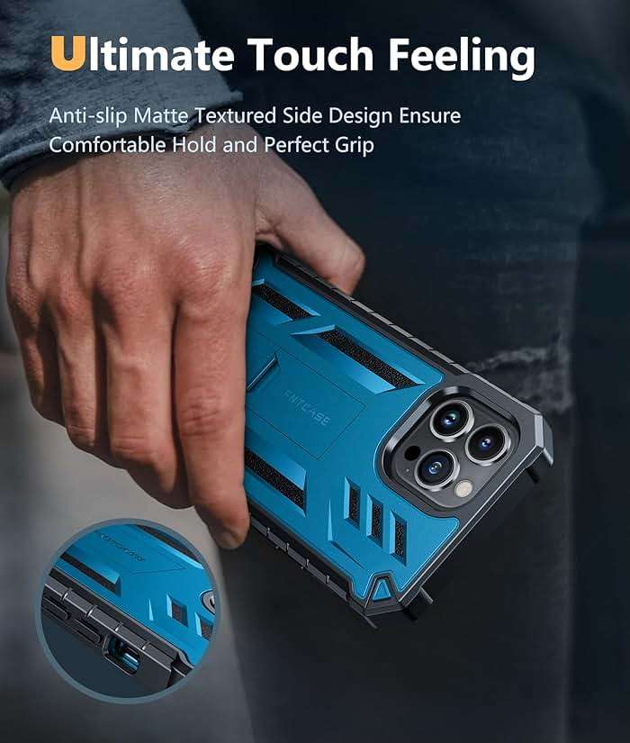 FNTCASE for iPhone 13 Pro Max Case: [Built-in Screen Protector & Kickstand] [Military Grade Drop Protection] Heavy Duty Full Protective Matte Textured Shockproof TPU Rugged Phone Cover - Blue - Image 7