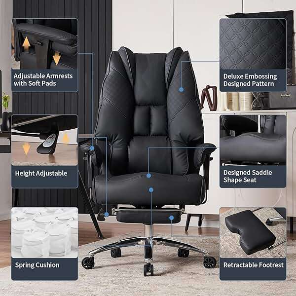 EXCEBET Big and Tall Office Chair 400lbs Wide Seat, Leather High Back Executive Office Chair with Foot Rest, Ergonomic Chairs Lumbar Support for Lower Back Pain Relief (Black) - Image 3