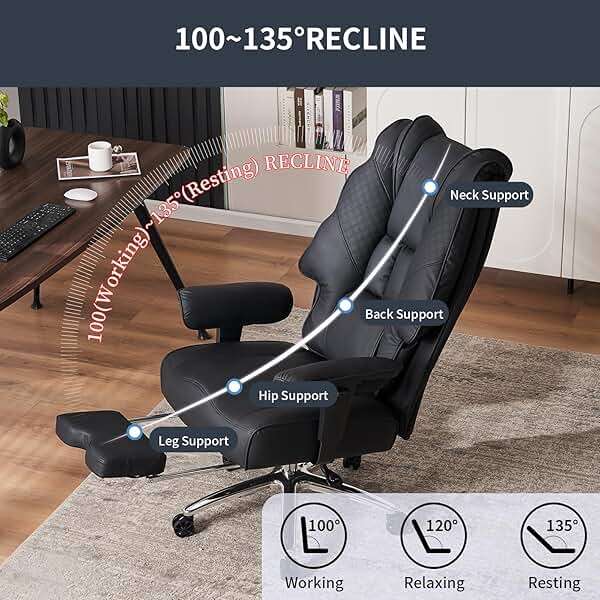 EXCEBET Big and Tall Office Chair 400lbs Wide Seat, Leather High Back Executive Office Chair with Foot Rest, Ergonomic Chairs Lumbar Support for Lower Back Pain Relief (Black) - Image 6