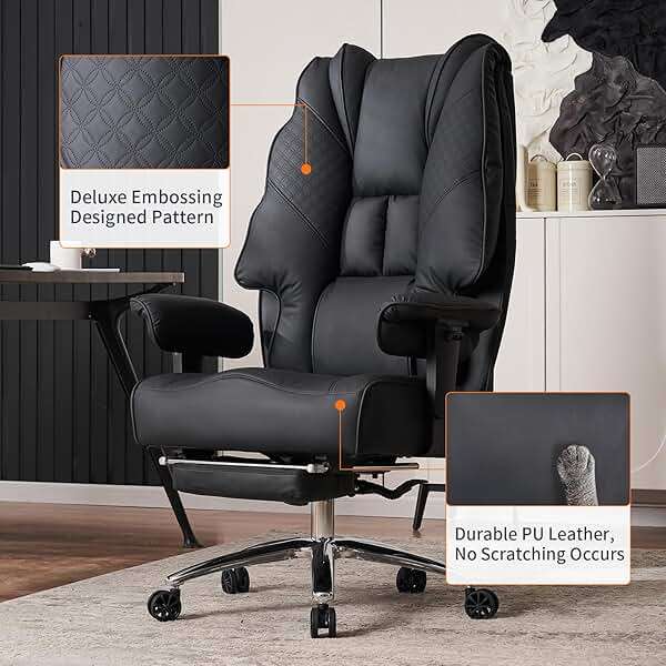 EXCEBET Big and Tall Office Chair 400lbs Wide Seat, Leather High Back Executive Office Chair with Foot Rest, Ergonomic Chairs Lumbar Support for Lower Back Pain Relief (Black) - Image 7