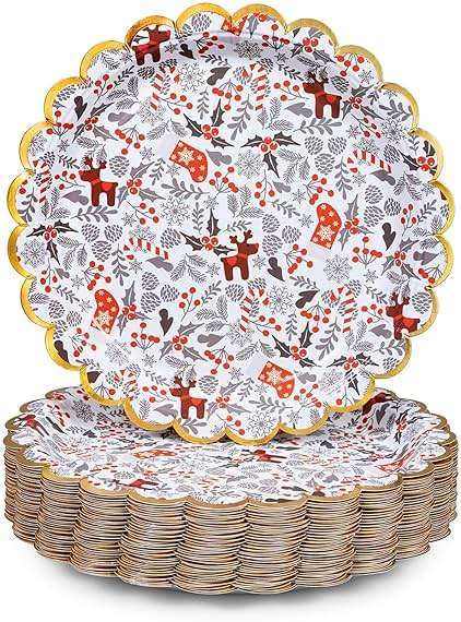 Confettiville Christmas Paper Plates, 50-Count Disposable Christmas Dinner Plates, Scalloped Gold, Party Supplies - Image 1