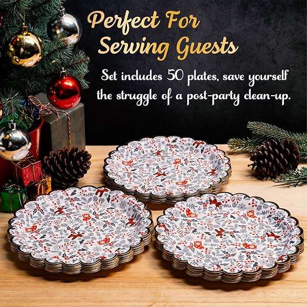 Confettiville Christmas Paper Plates, 50-Count Disposable Christmas Dinner Plates, Scalloped Gold, Party Supplies - Image 7