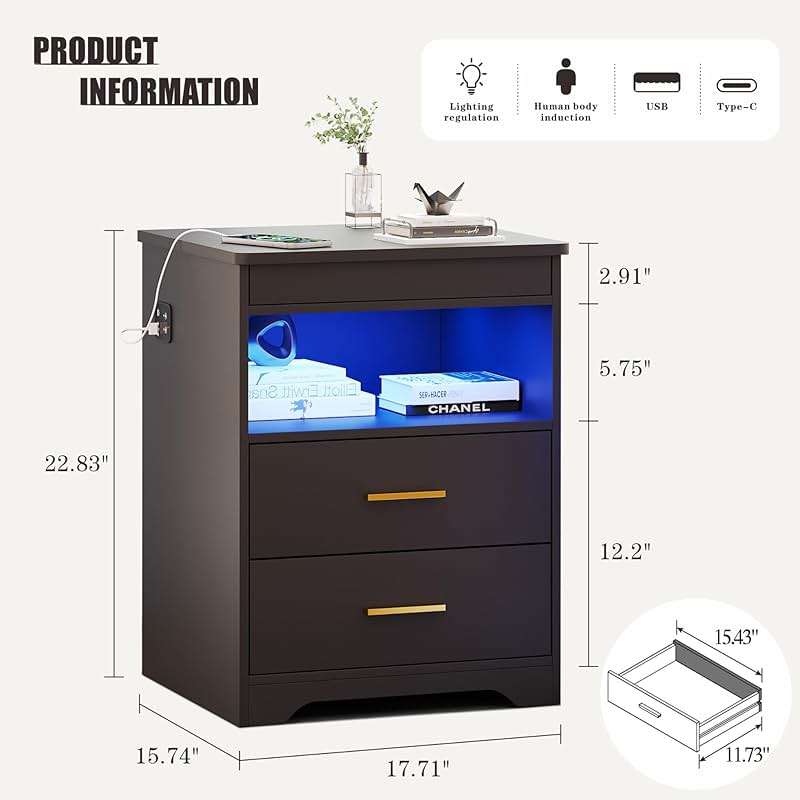 Night Stand with Gun Drawer, Charging Bedside Table with USB & Type-C Port, LED Nightstand with Human Sensor Light, Modern End Table with Drawers for Bedroom Office, Black - Image 2