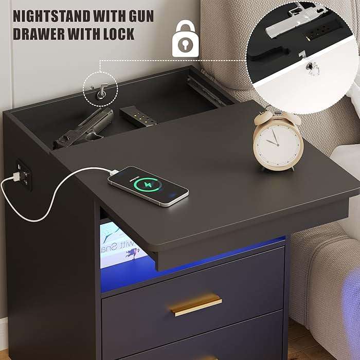Night Stand with Gun Drawer, Charging Bedside Table with USB & Type-C Port, LED Nightstand with Human Sensor Light, Modern End Table with Drawers for Bedroom Office, Black - Image 3