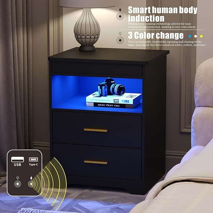 Night Stand with Gun Drawer, Charging Bedside Table with USB & Type-C Port, LED Nightstand with Human Sensor Light, Modern End Table with Drawers for Bedroom Office, Black - Image 4