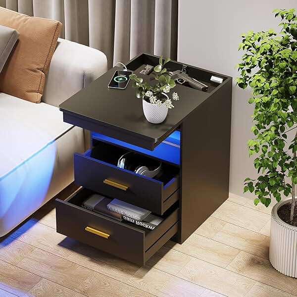 Night Stand with Gun Drawer, Charging Bedside Table with USB & Type-C Port, LED Nightstand with Human Sensor Light, Modern End Table with Drawers for Bedroom Office, Black - Image 5