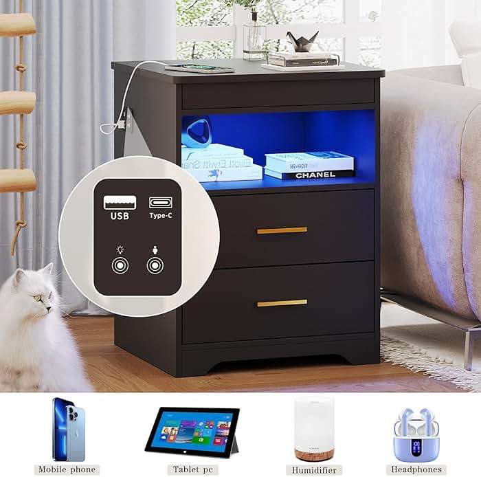 Night Stand with Gun Drawer, Charging Bedside Table with USB & Type-C Port, LED Nightstand with Human Sensor Light, Modern End Table with Drawers for Bedroom Office, Black - Image 6