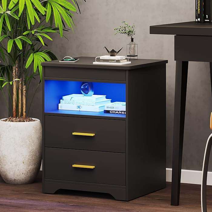 Night Stand with Gun Drawer, Charging Bedside Table with USB & Type-C Port, LED Nightstand with Human Sensor Light, Modern End Table with Drawers for Bedroom Office, Black - Image 7