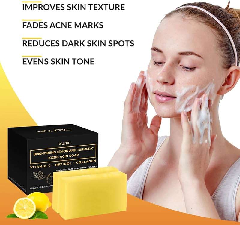 VALITIC Brightening Lemon & Turmeric Kojic Acid Soap with Vitamin C, Retinol, Collagen - Original Japanese Complex Infused with Hyaluronic Acid, Vitamin E, Shea Butter - Dark Spot Corrector (2 Pack) - Image 2