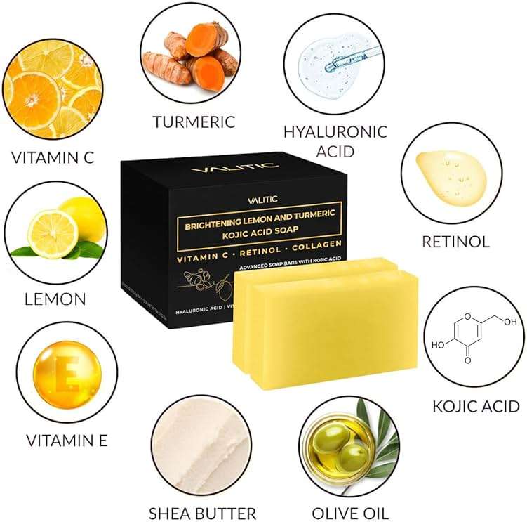 VALITIC Brightening Lemon & Turmeric Kojic Acid Soap with Vitamin C, Retinol, Collagen - Original Japanese Complex Infused with Hyaluronic Acid, Vitamin E, Shea Butter - Dark Spot Corrector (2 Pack) - Image 4