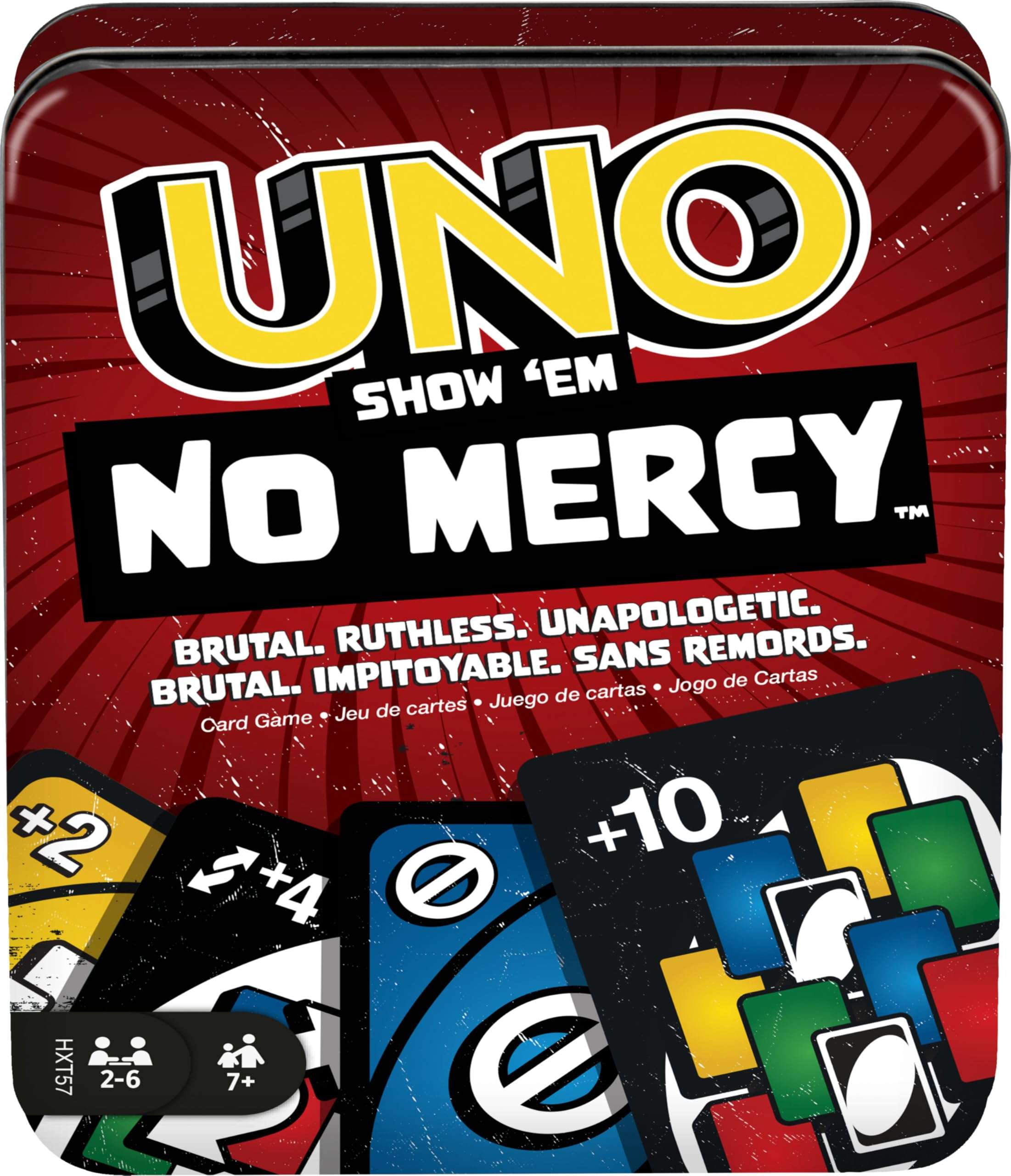 Mattel Games UNO Show ‘em No Mercy Card Game in Storage & Travel Tin for Kids, Adults & Family Night with Extra Cards, Special Rules & Tougher Penalties (Amazon Exclusive) - Image 1