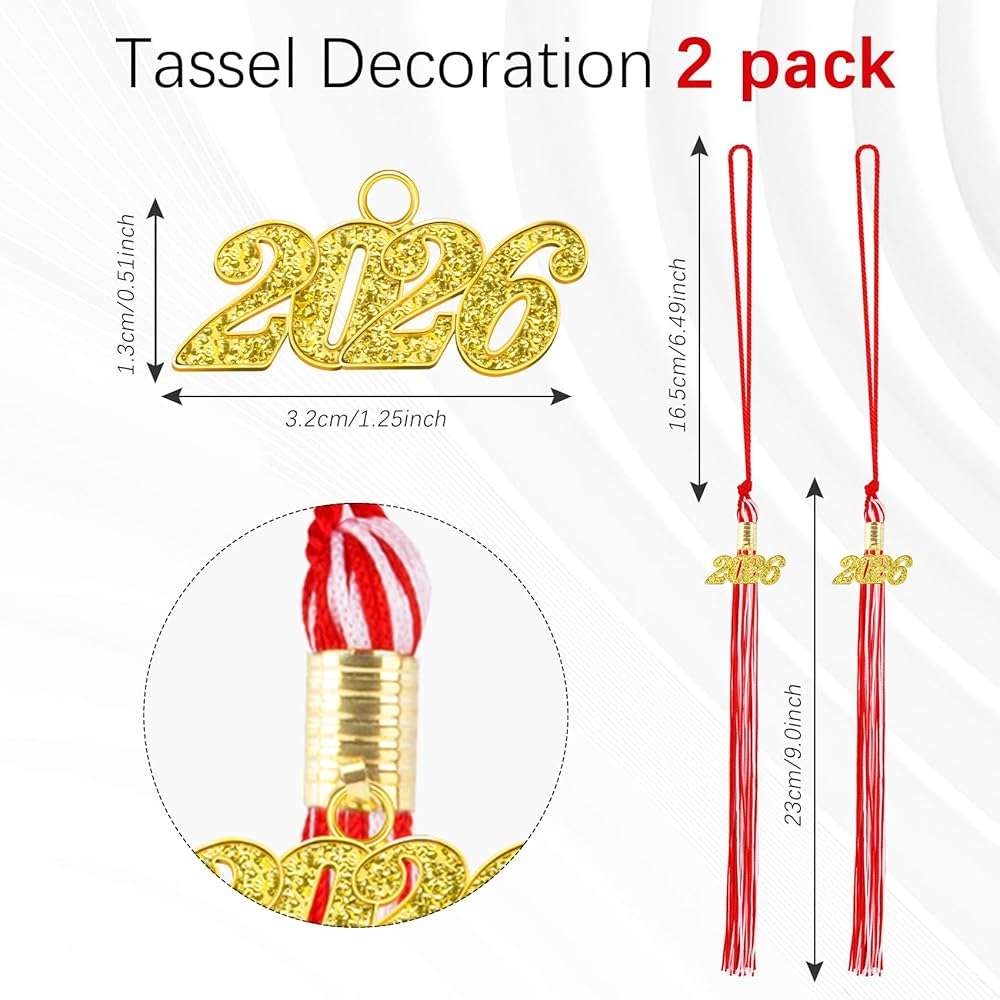 2Pcs Red White 2026 Tassel Grad with 2026 Tassel Charms for Graduation Cap Decorations Gifts, 2 pcs White and Red Tassels for Graduation Hat Accessories, High School Class of 2026 Tassels Grad Charm - Image 3