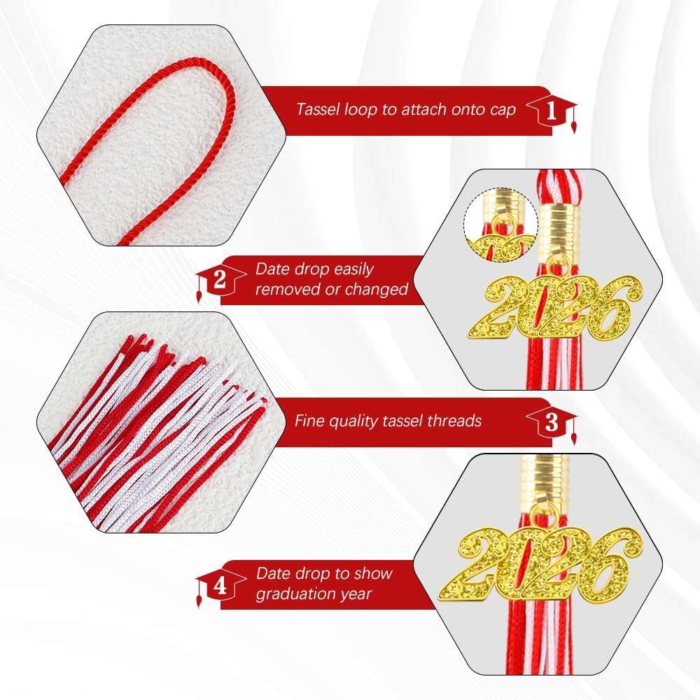 2Pcs Red White 2026 Tassel Grad with 2026 Tassel Charms for Graduation Cap Decorations Gifts, 2 pcs White and Red Tassels for Graduation Hat Accessories, High School Class of 2026 Tassels Grad Charm - Image 5