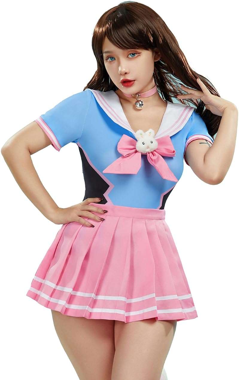 Mobbunny Women Bunny Bodysuit Skirt Set With Socks Romper Onesie Pajamas Button Crotch Daily Halloween - Image 1