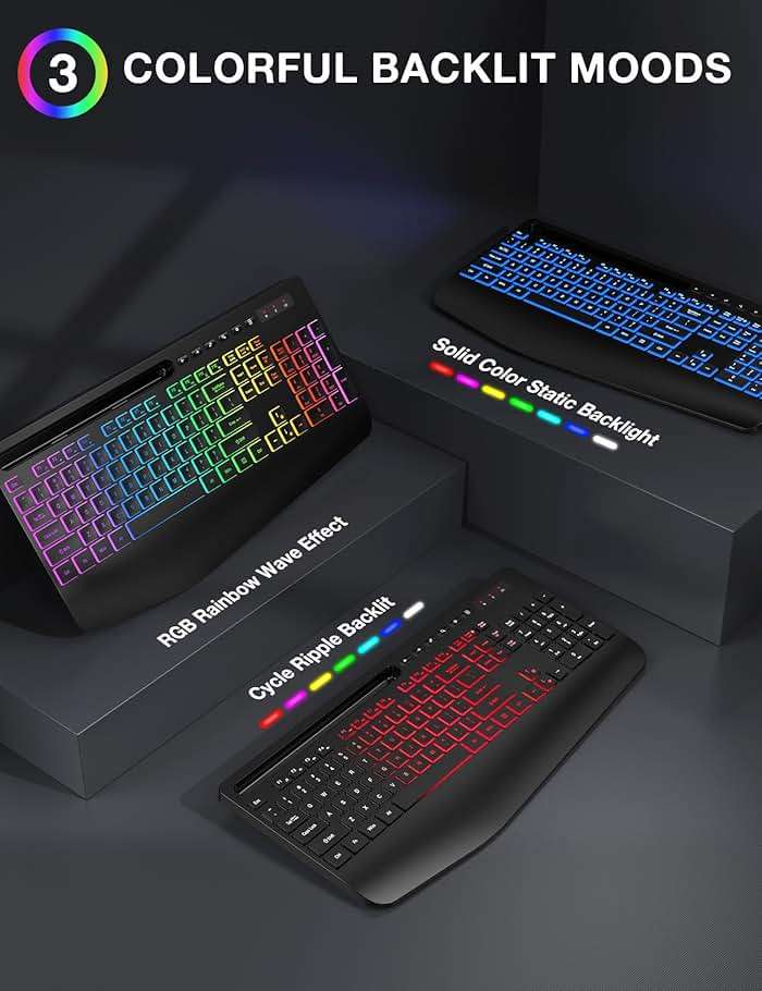 Wireless Keyboard and Mouse Combo - 9 Backlit Effects, RGB, Ergo Wrist Rest, Phone Holder, 2.4G Full Size, Rechargeable, Sleep Mode, KM22 MAX Quiet Set for Computer, PC, Laptop, Mac, Windows- SABLUTE - Image 2