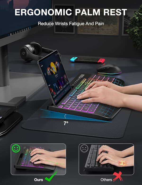 Wireless Keyboard and Mouse Combo - 9 Backlit Effects, RGB, Ergo Wrist Rest, Phone Holder, 2.4G Full Size, Rechargeable, Sleep Mode, KM22 MAX Quiet Set for Computer, PC, Laptop, Mac, Windows- SABLUTE - Image 3
