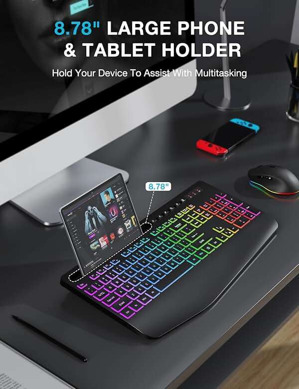 Wireless Keyboard and Mouse Combo - 9 Backlit Effects, RGB, Ergo Wrist Rest, Phone Holder, 2.4G Full Size, Rechargeable, Sleep Mode, KM22 MAX Quiet Set for Computer, PC, Laptop, Mac, Windows- SABLUTE - Image 4