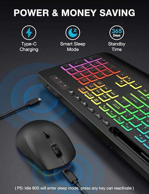 Wireless Keyboard and Mouse Combo - 9 Backlit Effects, RGB, Ergo Wrist Rest, Phone Holder, 2.4G Full Size, Rechargeable, Sleep Mode, KM22 MAX Quiet Set for Computer, PC, Laptop, Mac, Windows- SABLUTE - Image 5