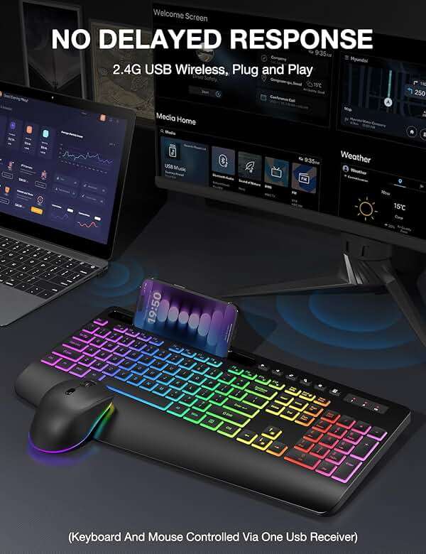 Wireless Keyboard and Mouse Combo - 9 Backlit Effects, RGB, Ergo Wrist Rest, Phone Holder, 2.4G Full Size, Rechargeable, Sleep Mode, KM22 MAX Quiet Set for Computer, PC, Laptop, Mac, Windows- SABLUTE - Image 7