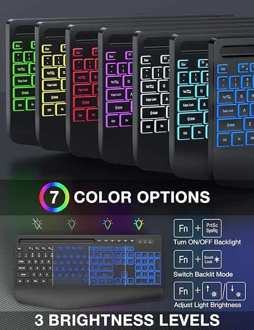 Wireless Keyboard and Mouse Combo - 9 Backlit Effects, RGB, Ergo Wrist Rest, Phone Holder, 2.4G Full Size, Rechargeable, Sleep Mode, KM22 MAX Quiet Set for Computer, PC, Laptop, Mac, Windows- SABLUTE - Image 8