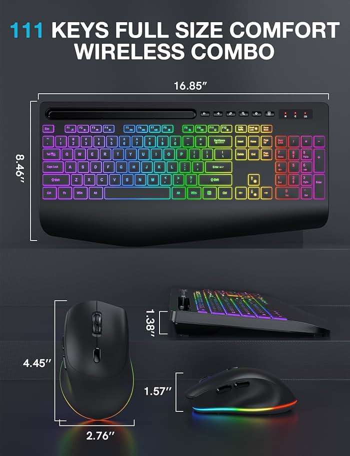Wireless Keyboard and Mouse Combo - 9 Backlit Effects, RGB, Ergo Wrist Rest, Phone Holder, 2.4G Full Size, Rechargeable, Sleep Mode, KM22 MAX Quiet Set for Computer, PC, Laptop, Mac, Windows- SABLUTE - Image 9