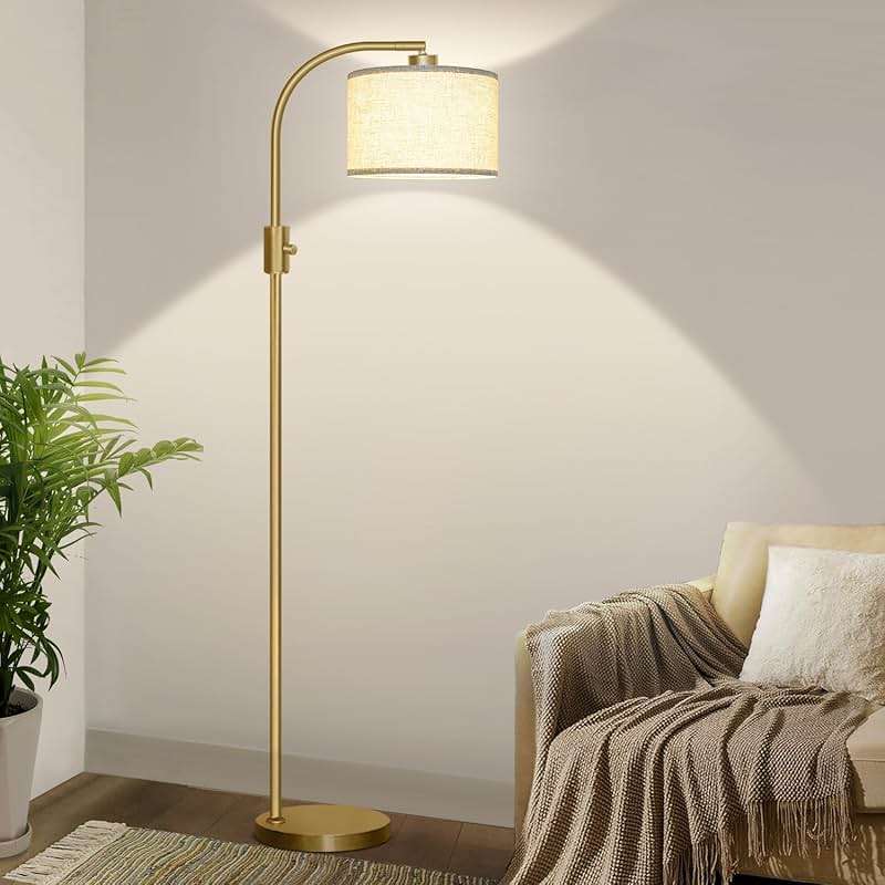Nintiue Upgraded Modern Arc Dimmable Tall Standing Floor Lamp with Linen Shade, 1200 Lumens LED Bulb Included, for Living & Reading Room, Bedroom, Office & Nursery, Gold - Image 1