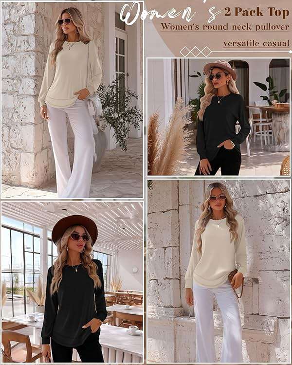 Riyiper 2 Pack Women's Crew Neck Sweatshirts, Cotton Long Sleeve Casual Shirts Loose Fit Tunic Tops Plain Basic Pullover Tees - Image 3