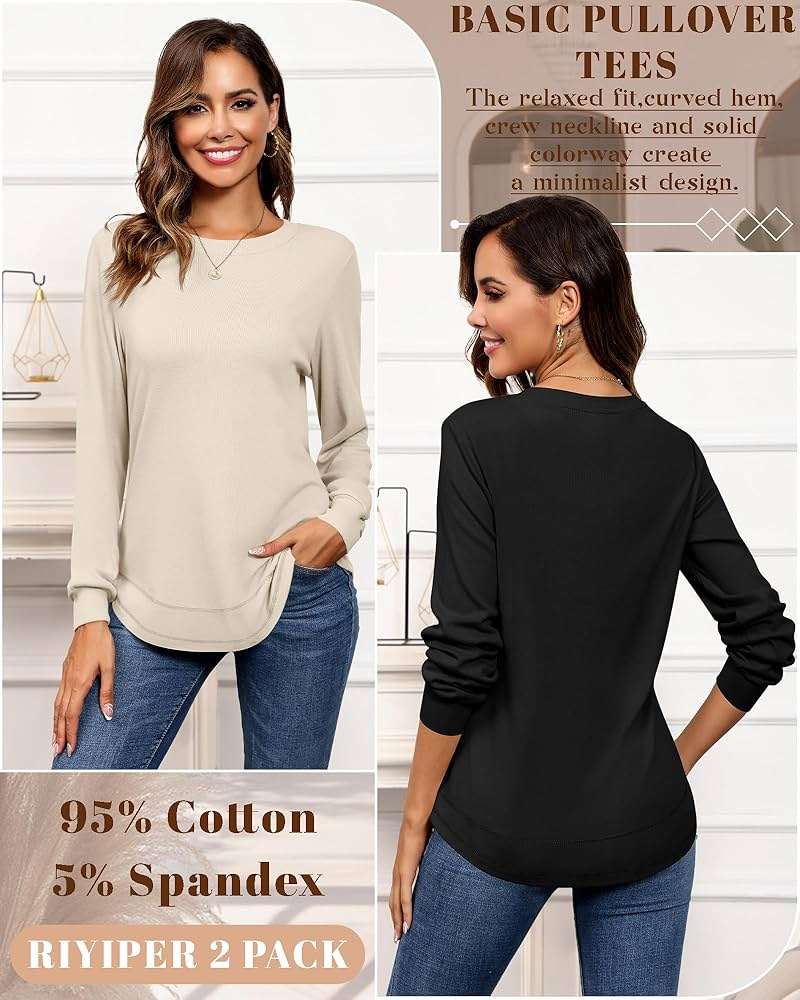 Riyiper 2 Pack Women's Crew Neck Sweatshirts, Cotton Long Sleeve Casual Shirts Loose Fit Tunic Tops Plain Basic Pullover Tees - Image 4