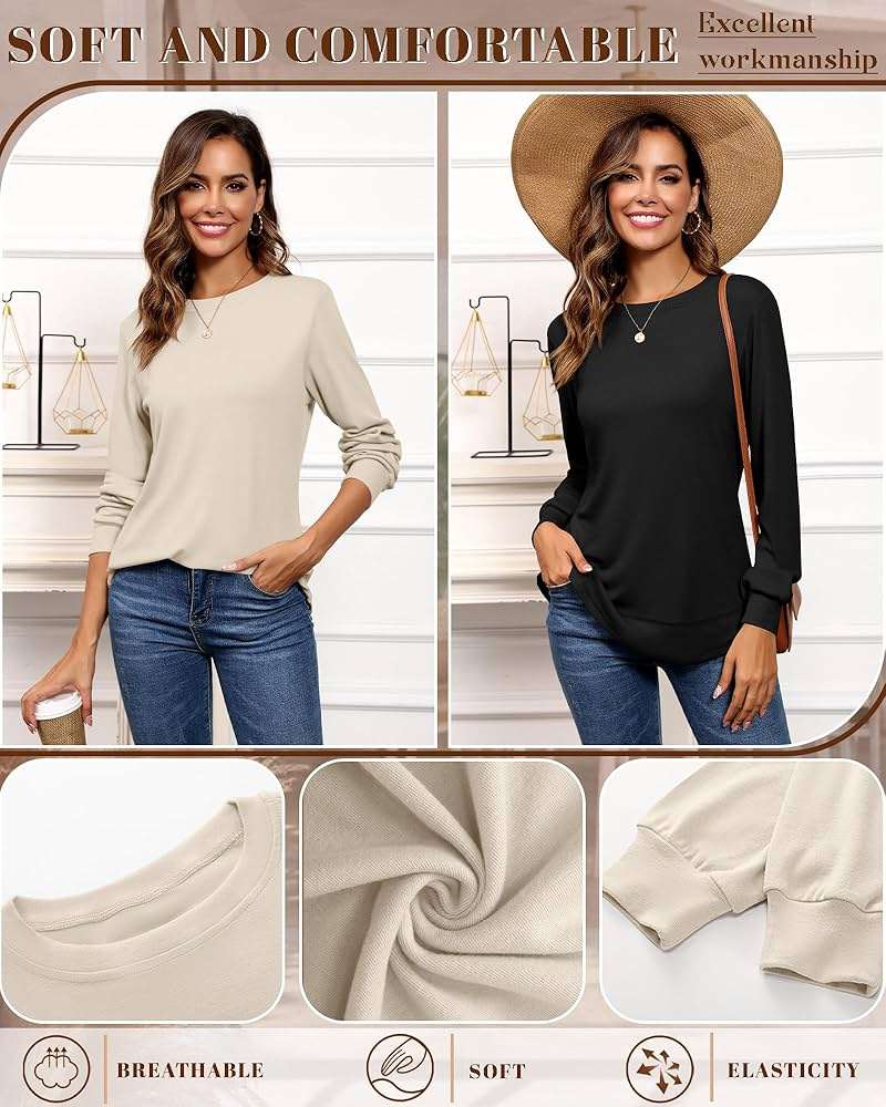 Riyiper 2 Pack Women's Crew Neck Sweatshirts, Cotton Long Sleeve Casual Shirts Loose Fit Tunic Tops Plain Basic Pullover Tees - Image 5