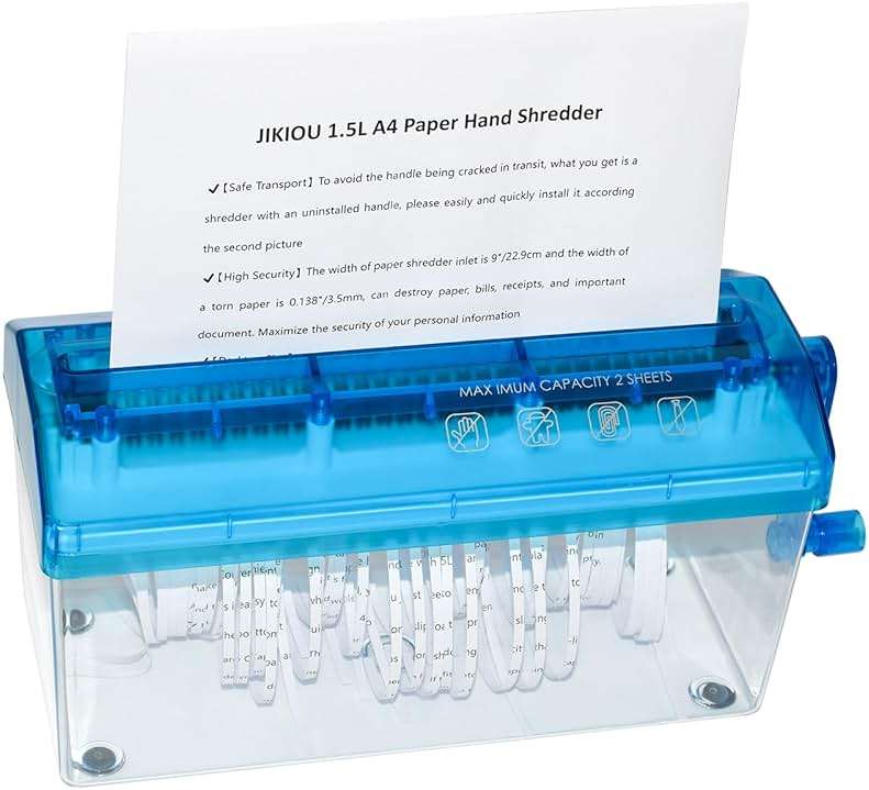 JIKIOU Standard A4 Paper Hand Shredder Portable Paper Shredder Manual Shredder Documents Paper Cutting Tool Home Office Desktop Stationery Blue - Image 1