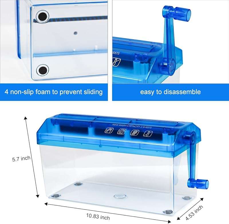 JIKIOU Standard A4 Paper Hand Shredder Portable Paper Shredder Manual Shredder Documents Paper Cutting Tool Home Office Desktop Stationery Blue - Image 5