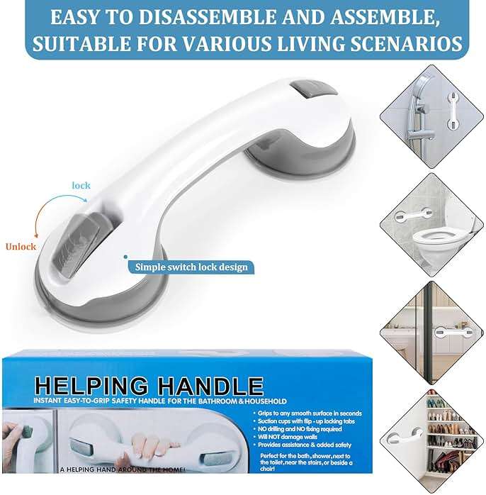 Shower Handle 1 Pack Grab Bars for Bathtubs & Showers, 12 inch Grab Bars for Bathroom with Strong Hold Suction Cup, Balance Bar Safety Hand Rail for Injury, Senior, Elderly Grey - Image 3