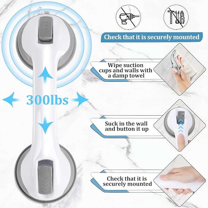 Shower Handle 1 Pack Grab Bars for Bathtubs & Showers, 12 inch Grab Bars for Bathroom with Strong Hold Suction Cup, Balance Bar Safety Hand Rail for Injury, Senior, Elderly Grey - Image 4