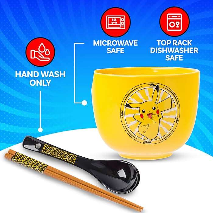 Silver Buffalo Pokemon Pikachu Electric Ceramic Ramen Noodle Rice Bowl with Chopsticks and Spoon, Microwave Safe, 20 Ounces - Image 5