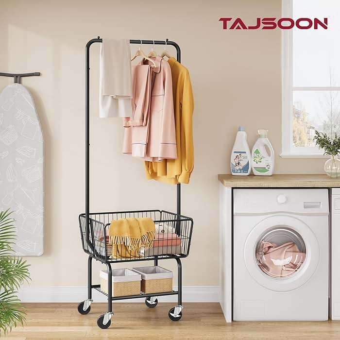 Tajsoon Laundry Cart with Hanging Rack, Metal Laundry Basket with Wheels, Laundry Hamper with Storage Basket and Shelf, Rolling Laundry Cart with Wheels, Black - Image 8