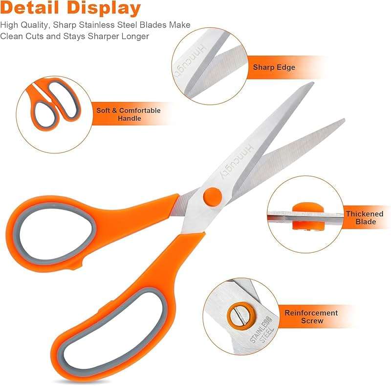 Scissors, Hnncugty 8" Scissors All Purpose Bulk Set of 6-Pack, Sharp Shears for Office Home Craft Sewing Fabric, High/Middle School Supplies Student Teacher Supplies, Comfort Grip Right/Left Handed - Image 4