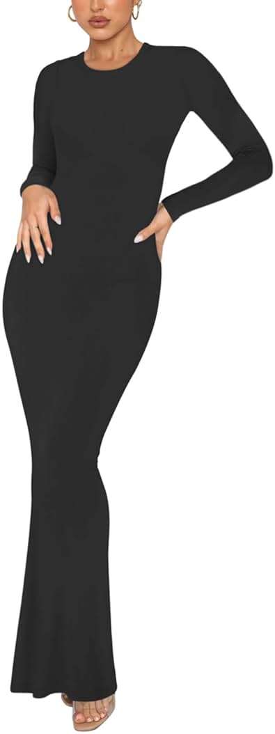 REORIA Women's Sexy Crew Neck Lounge Long Dress Elegant Long Sleeve Ribbed Bodycon Maxi Dresses - Image 1
