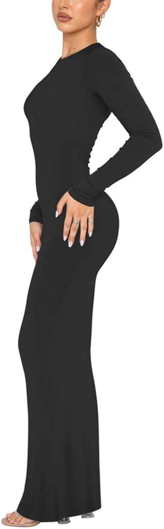 REORIA Women's Sexy Crew Neck Lounge Long Dress Elegant Long Sleeve Ribbed Bodycon Maxi Dresses - Image 2