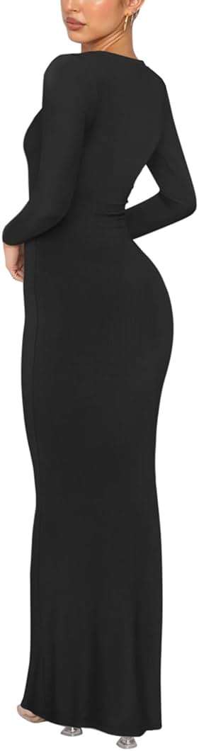 REORIA Women's Sexy Crew Neck Lounge Long Dress Elegant Long Sleeve Ribbed Bodycon Maxi Dresses - Image 3