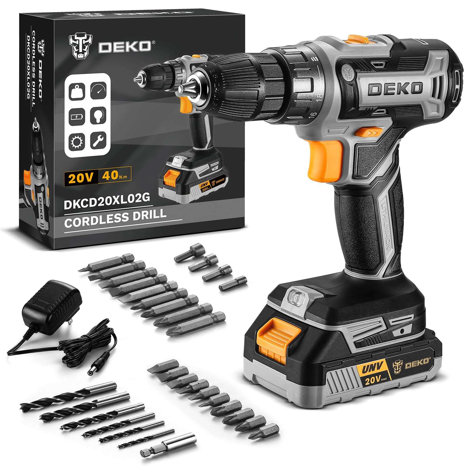 Power Drill Cordless: DEKOPRO Cordless Drill 20V Electric Power Drills Set Tool Drills Cord-less Set with Battery and Charger - Image 1