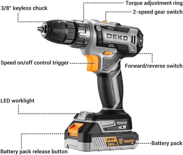 Power Drill Cordless: DEKOPRO Cordless Drill 20V Electric Power Drills Set Tool Drills Cord-less Set with Battery and Charger - Image 3