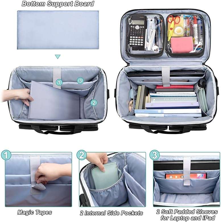 CURMIO Rolling Teacher Tote Bag with Padded Laptop Compartment for up to 15.6 Inches Laptop, Wheeled Teacher Bag for Teaching, Office, Craft, Black - Image 3